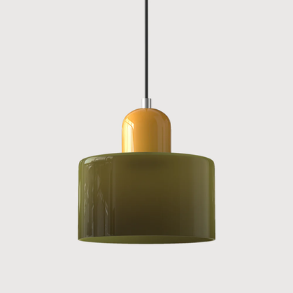 Retro lampa wisząca z pomarańczowym kloszem i zieloną oprawą