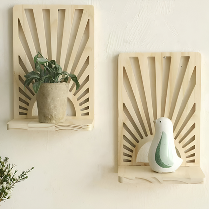 Drewniana półka ścienna boho w kształcie słońca