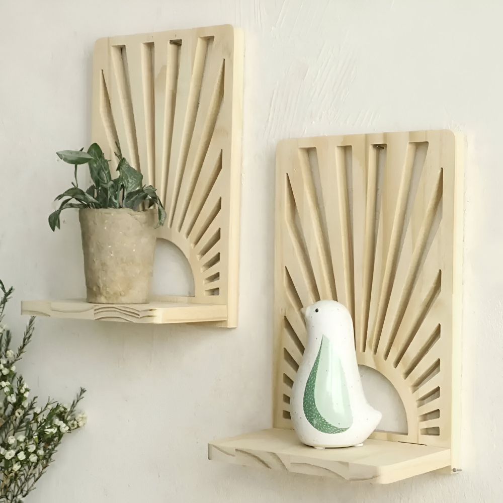 Drewniana półka ścienna boho w kształcie słońca