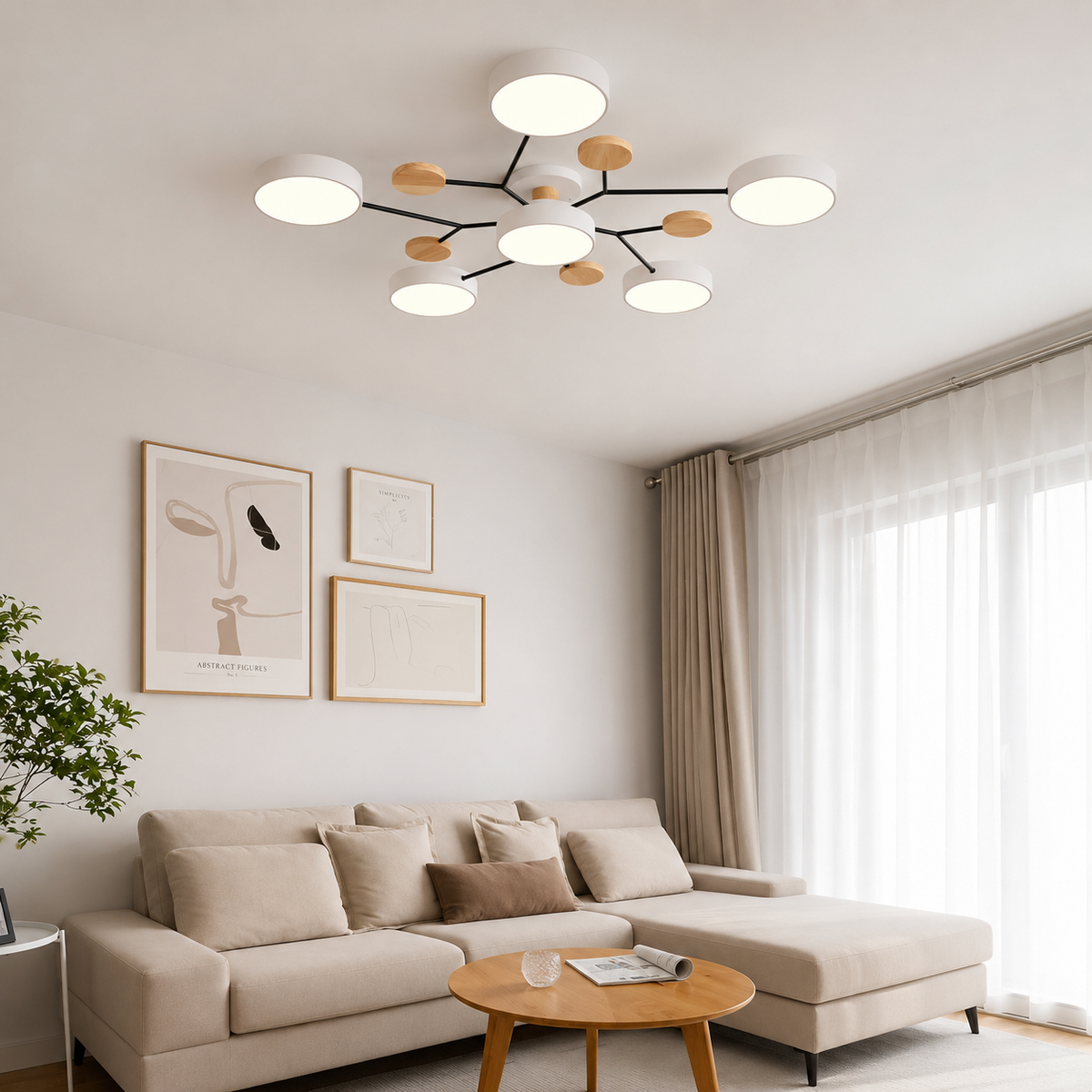 Nowoczesna lampa sufitowa LED z drewnianymi detalami