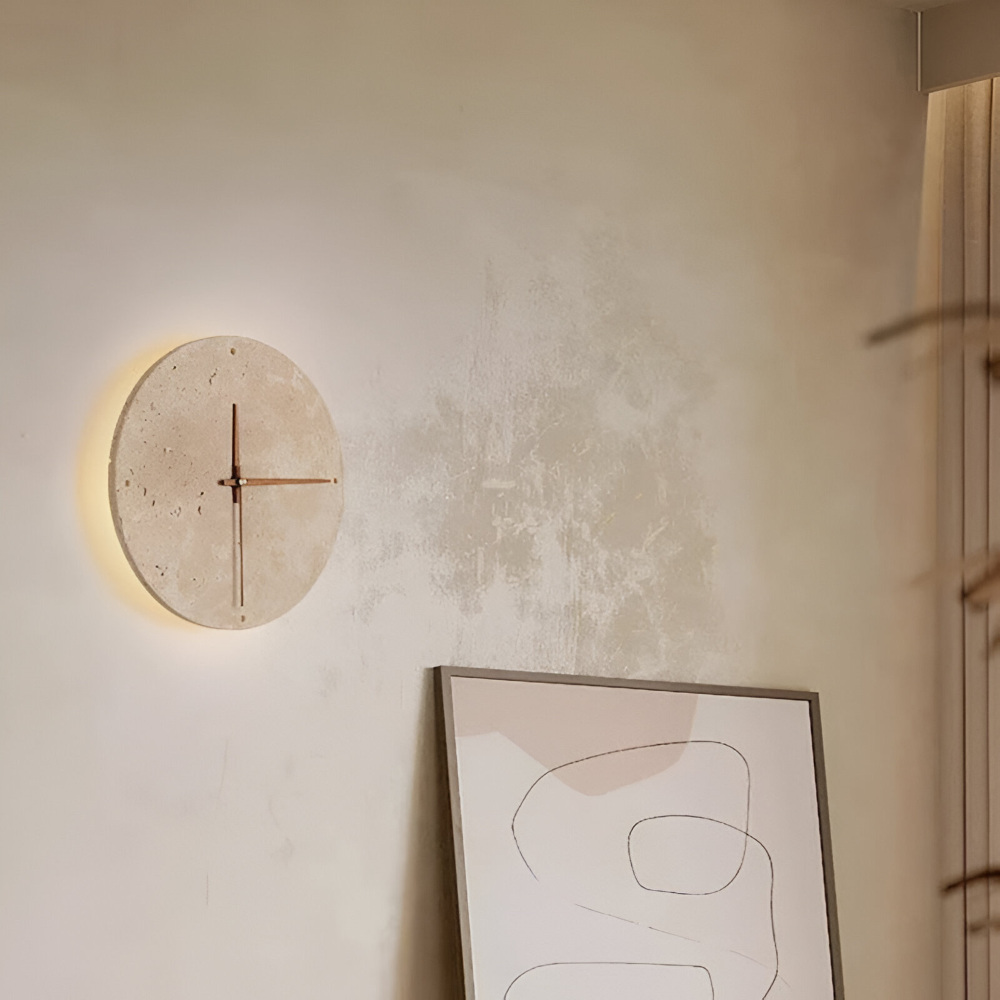Okrągły kinkiet LED drewno i trawertyn 23/30 cm