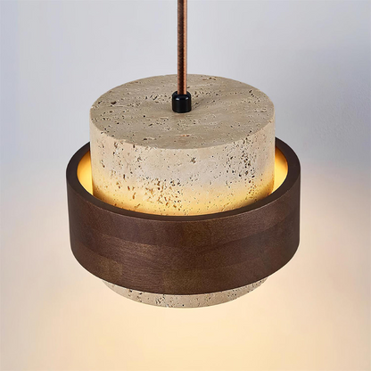 Lampa wisząca z trawertynu i drewna orzechowego japandi