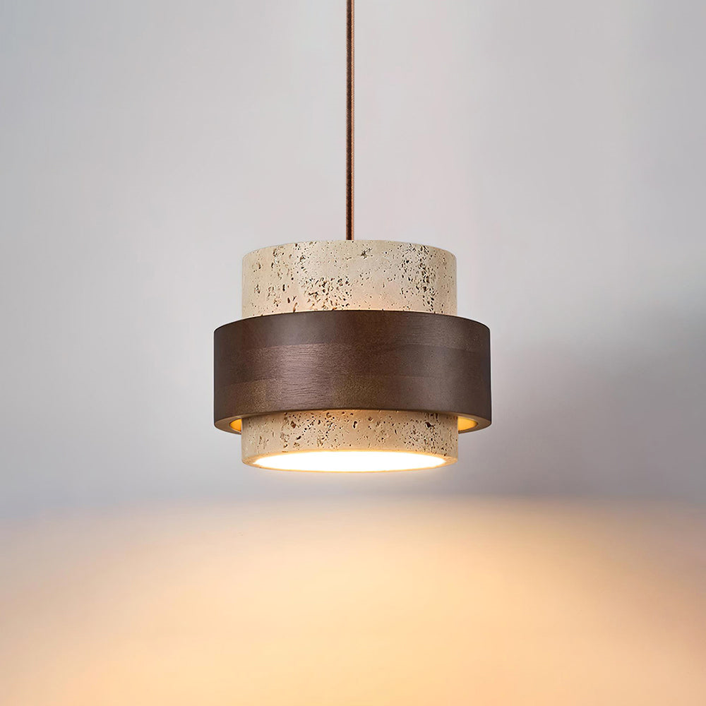 Lampa wisząca z trawertynu i drewna orzechowego japandi