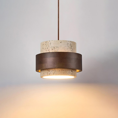 Lampa wisząca z trawertynu i drewna orzechowego japandi