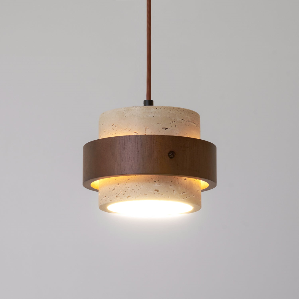 Lampa wisząca z trawertynu i drewna orzechowego japandi
