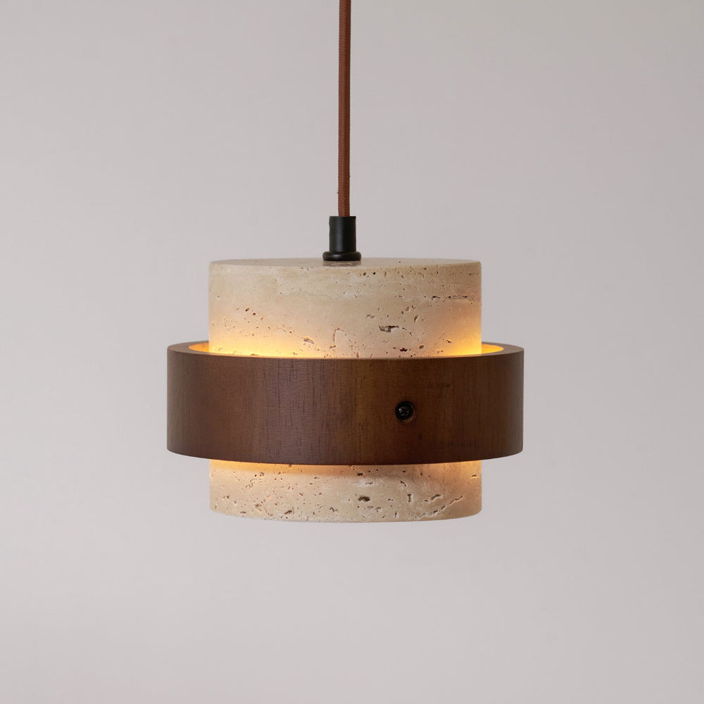 Lampa wisząca z trawertynu i drewna orzechowego japandi