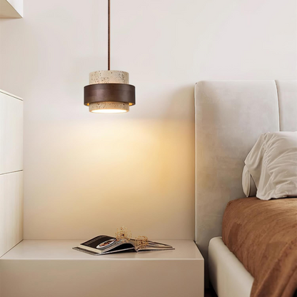 Lampa wisząca z trawertynu i drewna orzechowego japandi