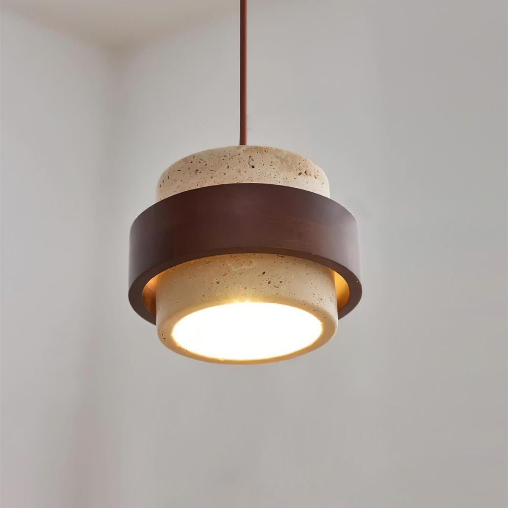 Lampa wisząca z trawertynu i drewna orzechowego japandi