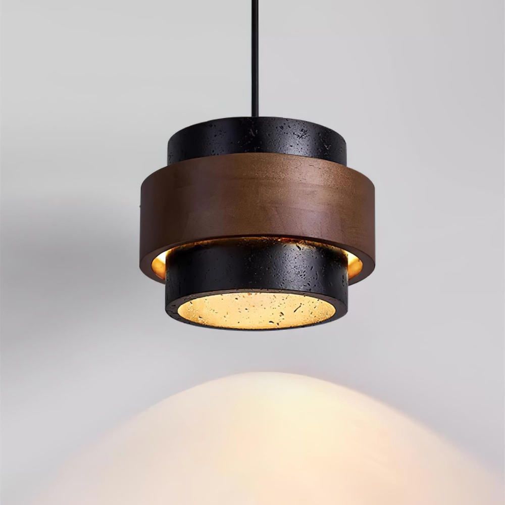 Lampa wisząca z trawertynu i drewna orzechowego japandi