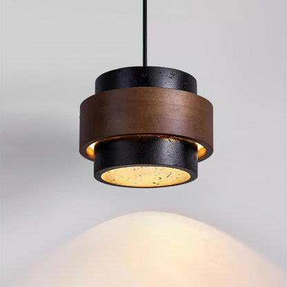 Lampa wisząca z trawertynu i drewna orzechowego japandi