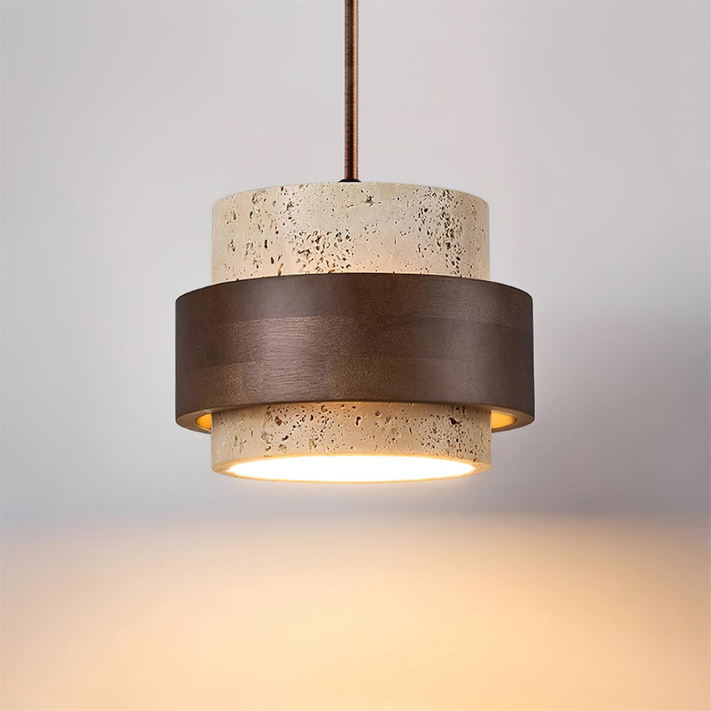 Lampa wisząca z trawertynu i drewna orzechowego japandi