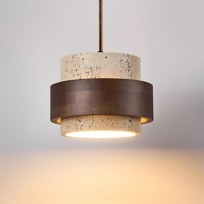 Lampa wisząca z trawertynu i drewna orzechowego japandi