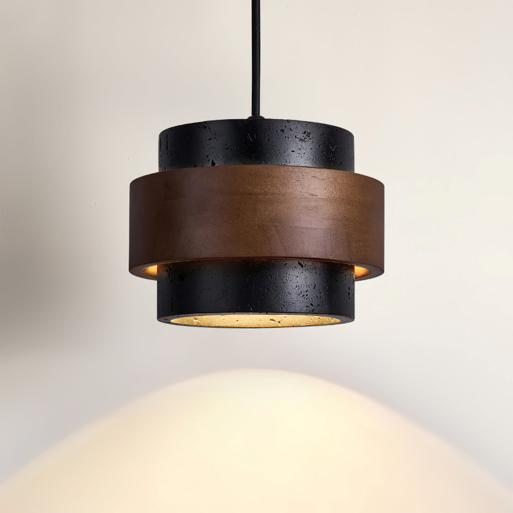 Lampa wisząca z trawertynu i drewna orzechowego japandi