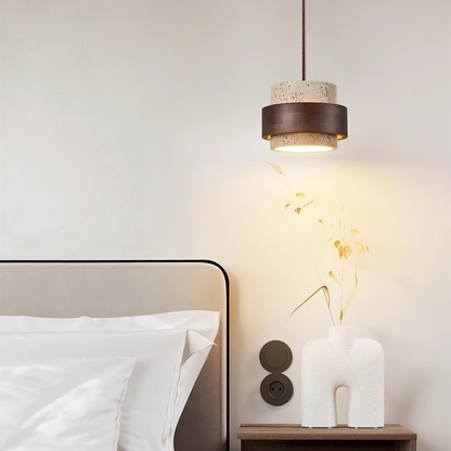 Lampa wisząca z trawertynu i drewna orzechowego japandi