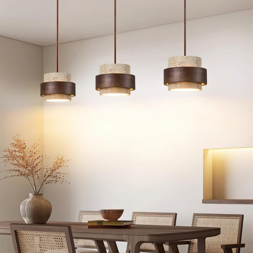 Lampa wisząca z trawertynu i drewna orzechowego japandi
