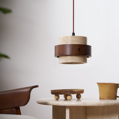 Lampa wisząca z trawertynu i drewna orzechowego japandi
