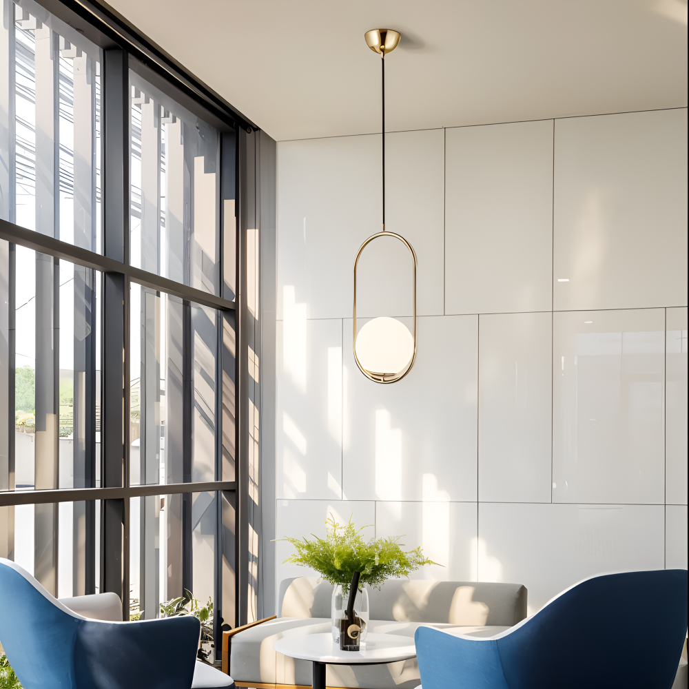 Lampa wisząca złota elipsa LED ze szklaną kulą