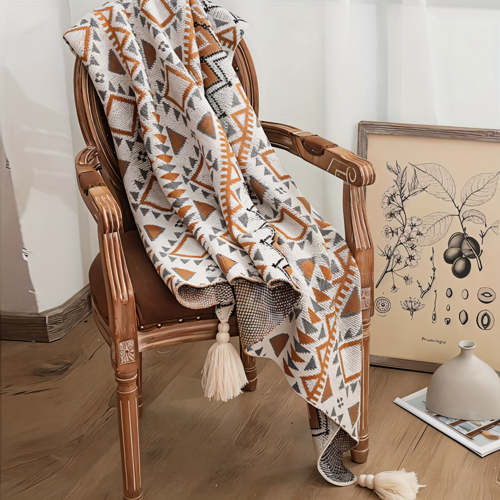 Koc boho z geometrycznym wzorem i frędzlami