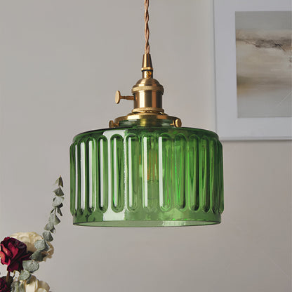 Zielona lampa wisząca vintage z ryflowanego szkła