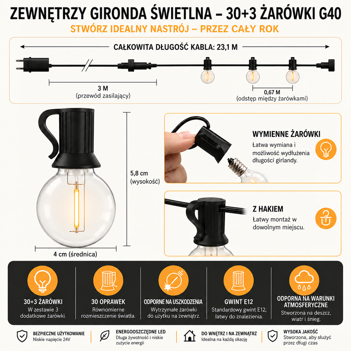 Zewnętrzna girlanda świetlna do ogrodu i na taras