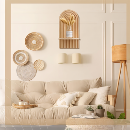 Drewniana półka ścienna boho z łukowym kształtem