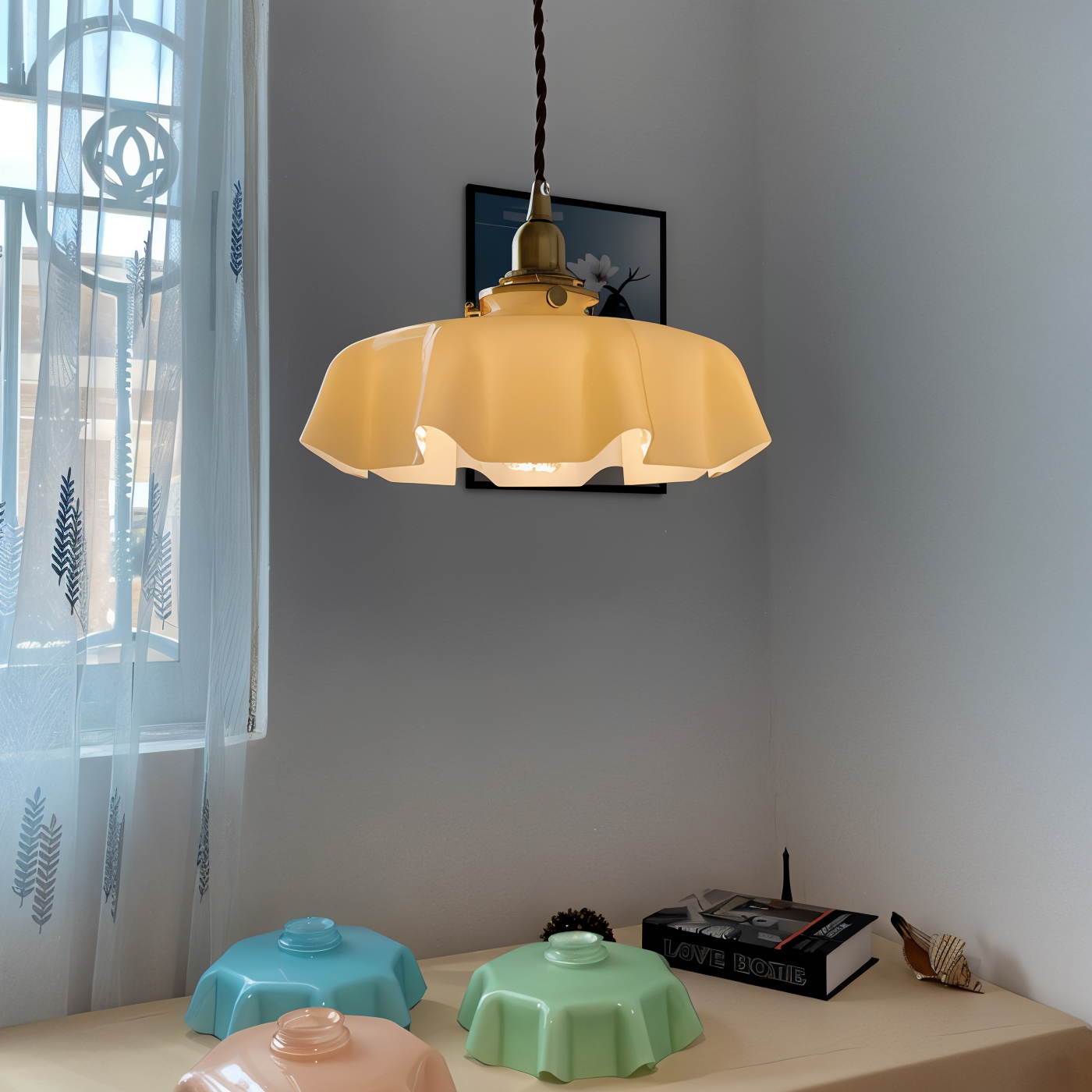 Lampa sufitowa retro szklana kwiatowa E27 mosiądz