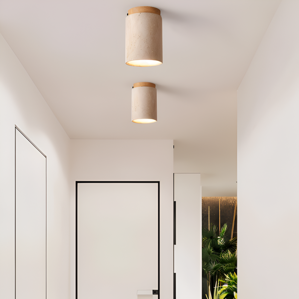 Trawertynowa lampa sufitowa punktowa z drewnem