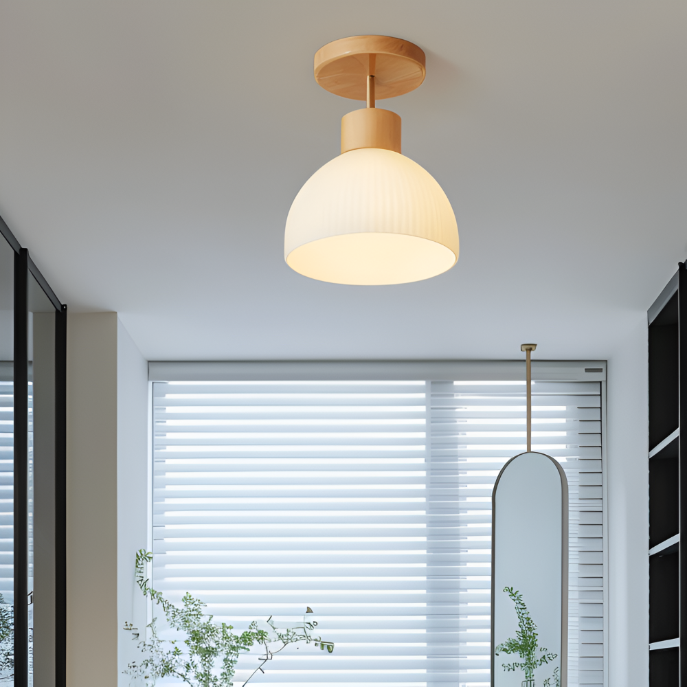 Lampa sufitowa LED z ryflowanego szkła i drewna