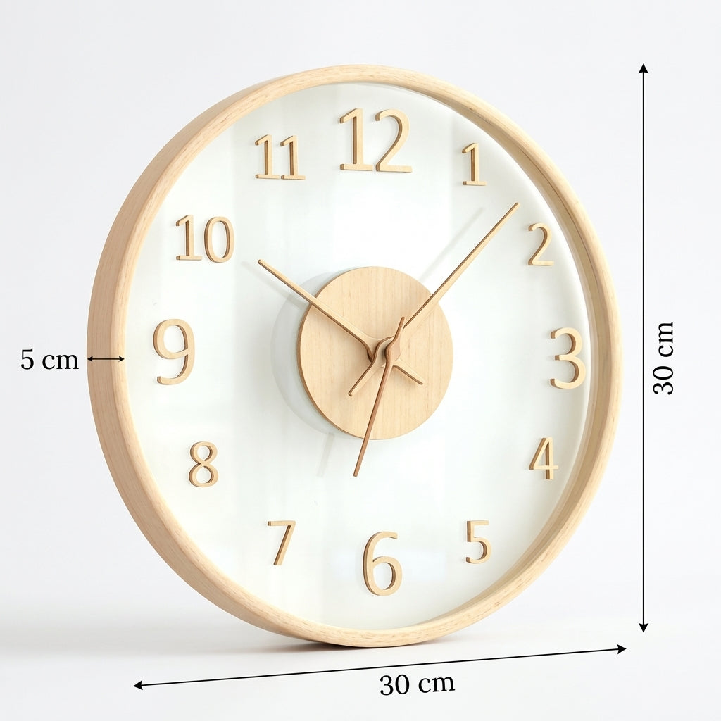 Cichy skandynawski zegar ścienny z drewna i szkła 30 cm