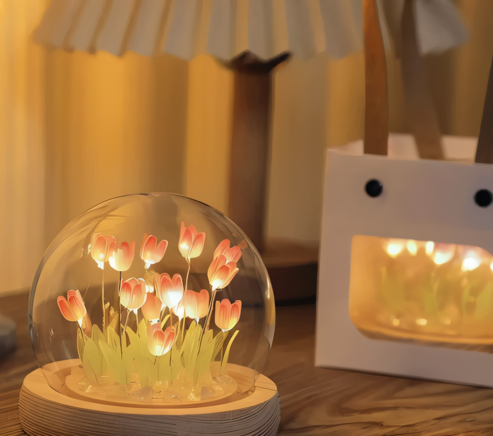 Dekoracyjna lampa LED z tulipanami pod szklaną kopułą