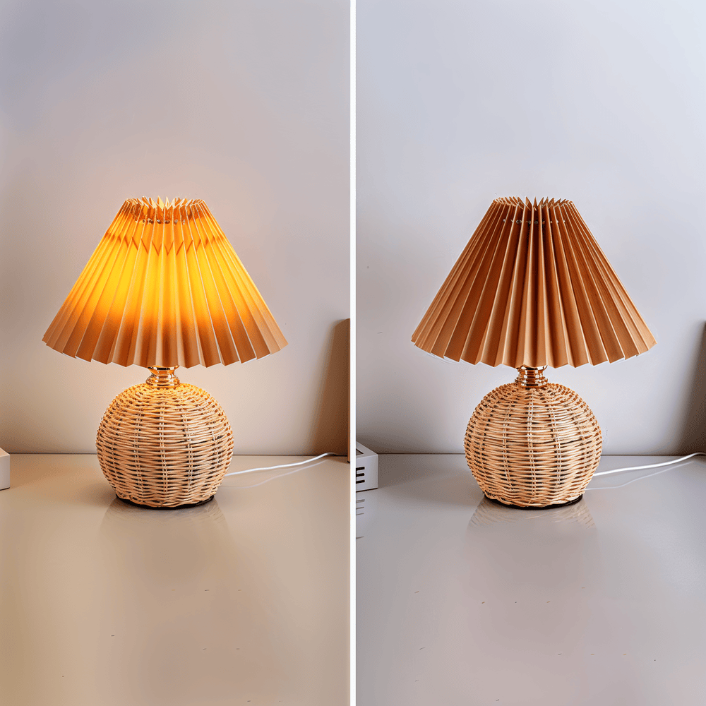 Lampka stołowa LED z plisowanym kloszem rattanowym