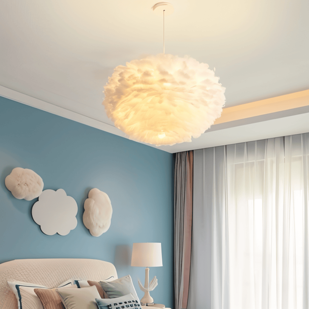 Lampa wisząca z piór ręcznie wykonana do sypialni