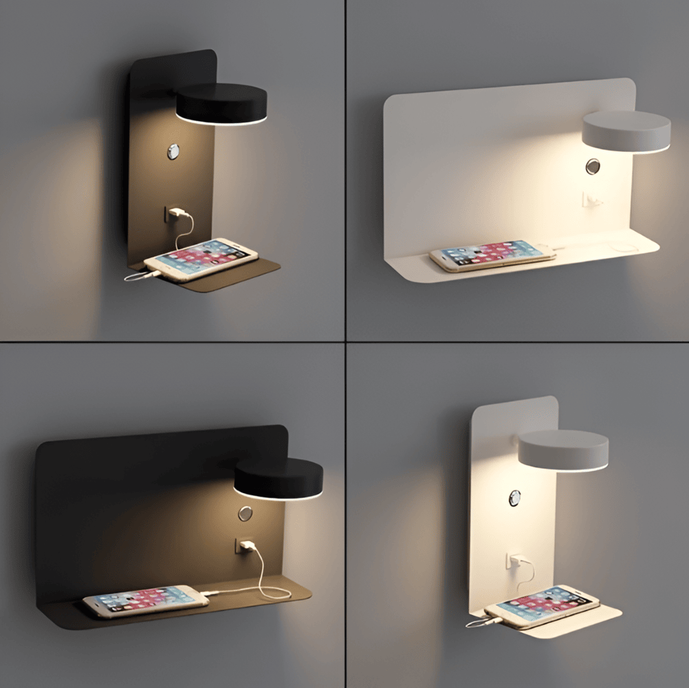 Kinkiet LED z półką i portem USB do sypialni