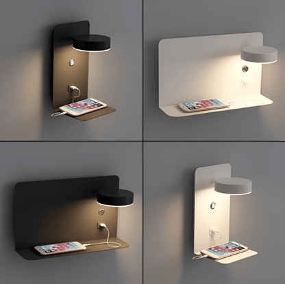 Kinkiet LED z półką i portem USB do sypialni