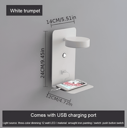 Kinkiet LED z półką i portem USB do sypialni