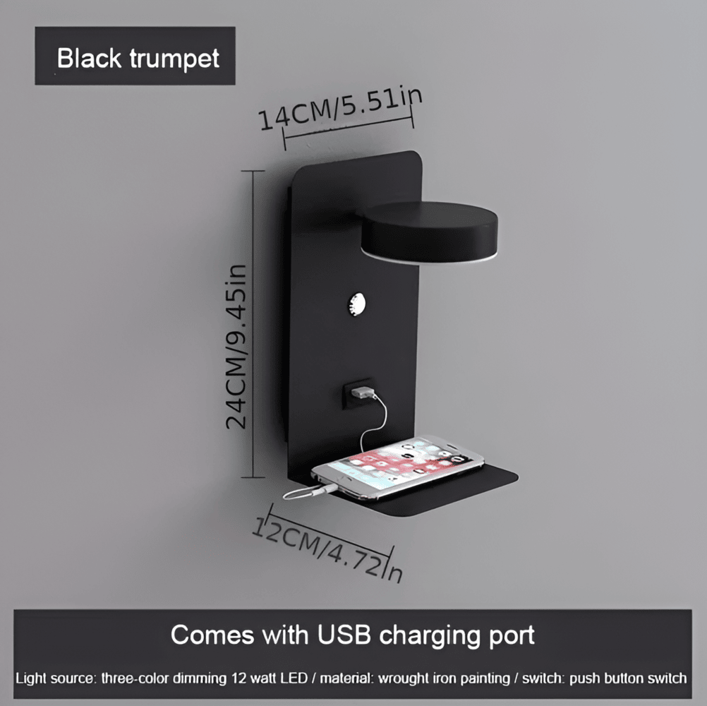 Kinkiet LED z półką i portem USB do sypialni