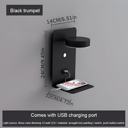 Kinkiet LED z półką i portem USB do sypialni