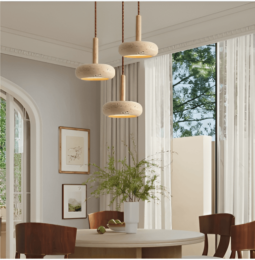 Lampa wisząca z trawertynu i drewna naturalna