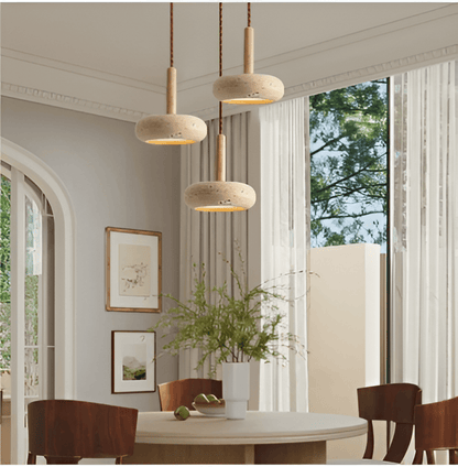 Lampa wisząca z trawertynu i drewna naturalna