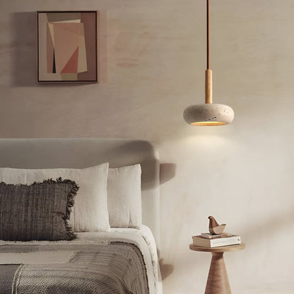 Lampa wisząca z trawertynu i drewna naturalna