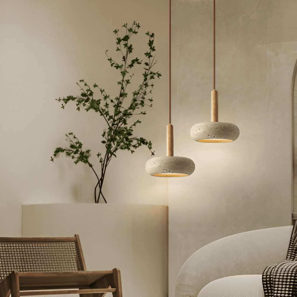 Lampa wisząca z trawertynu i drewna naturalna