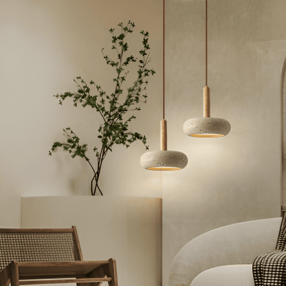 Lampa wisząca z trawertynu i drewna naturalna