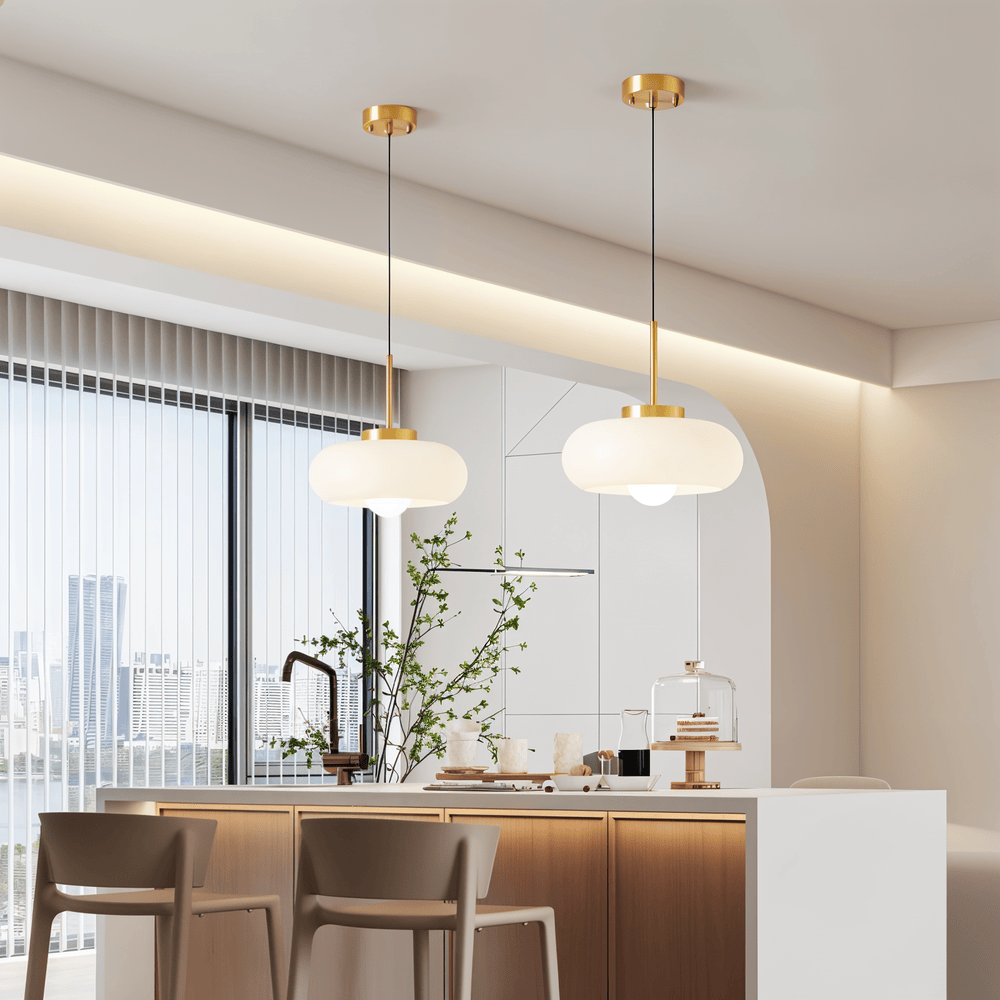 Lampa wisząca retro Bauhaus ze szkła i miedzi