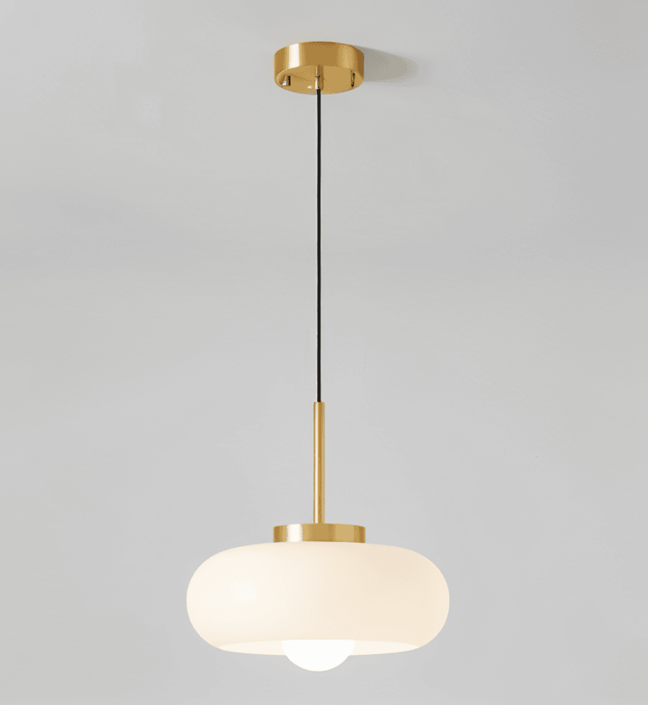 Lampa wisząca retro Bauhaus ze szkła i miedzi
