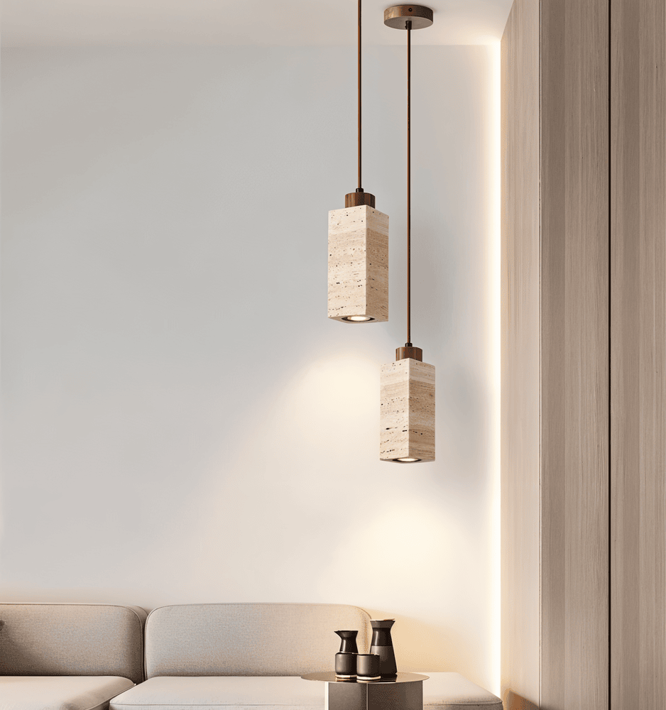 Marmurowa lampa wisząca cylindryczna z miedzią