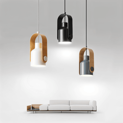 Lampa wisząca metalowa regulowana z detalem drewnianym