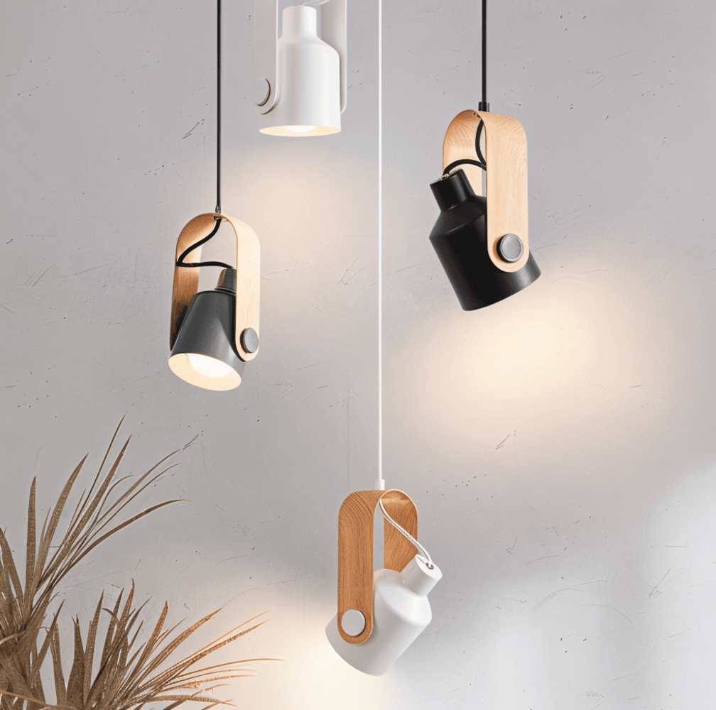 Lampa wisząca metalowa regulowana z detalem drewnianym