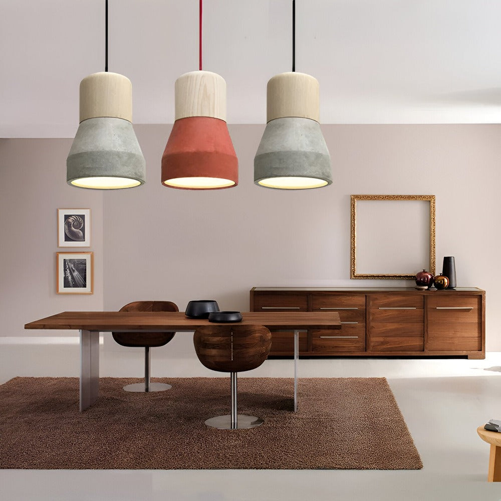 Lampa sufitowa z betonu i drewna do nowoczesnych wnętrz