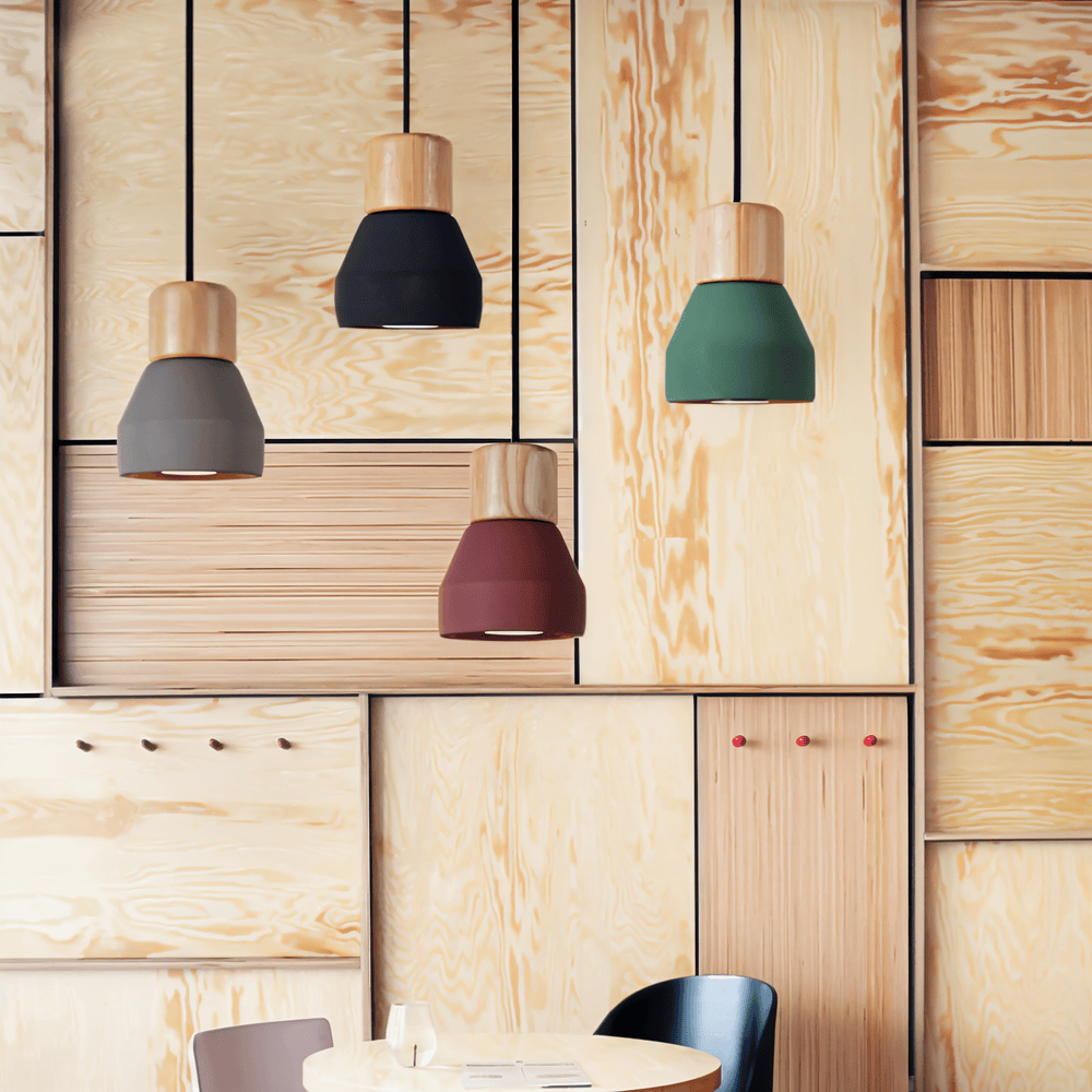 Lampa sufitowa z betonu i drewna do nowoczesnych wnętrz