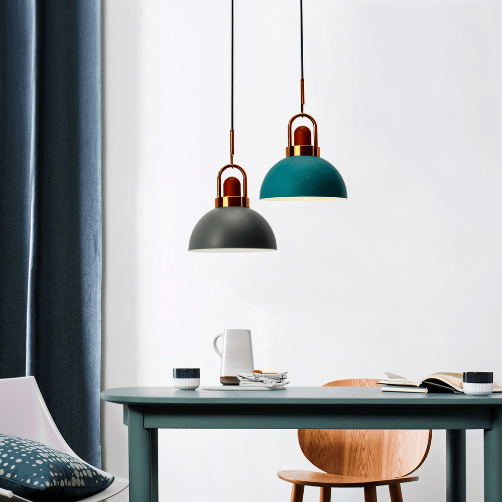 Lampa wisząca kopułowa metalowa z drewnem